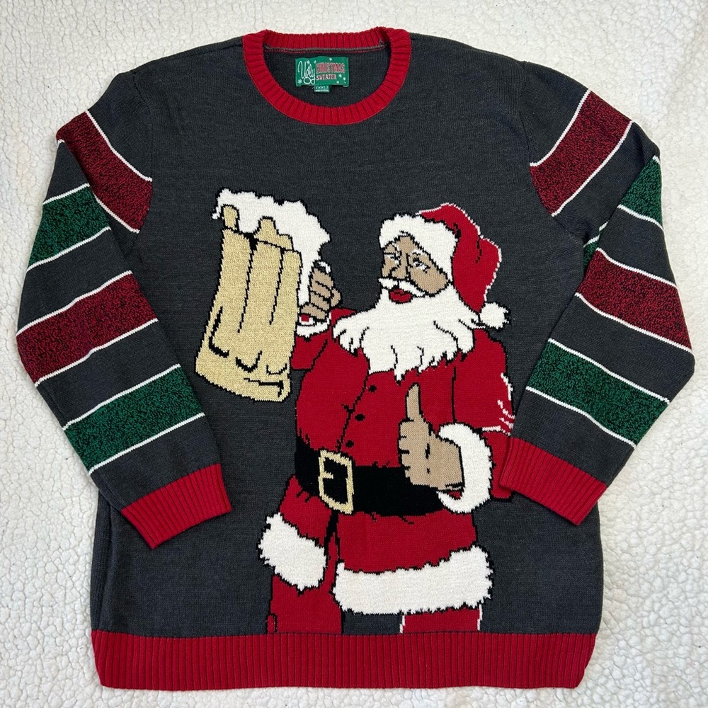 Ugly Christmas Sweater Gray Santa With A Beer Mug Thumbs Up Size XXL